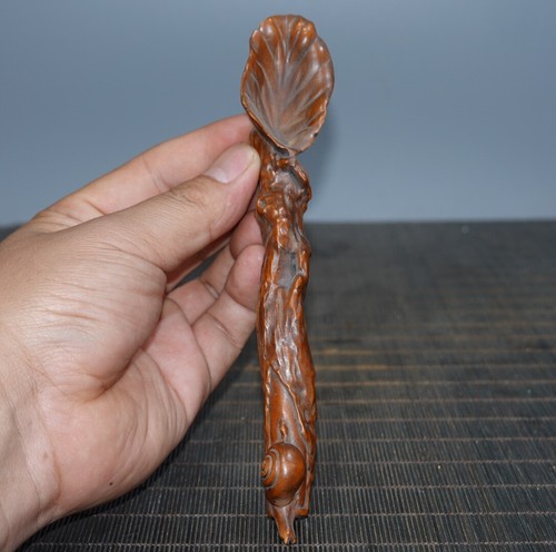 6.7" Collect China Box-wood Carving Animal Snail Tea Shovel Statue - Picture 6 of 9