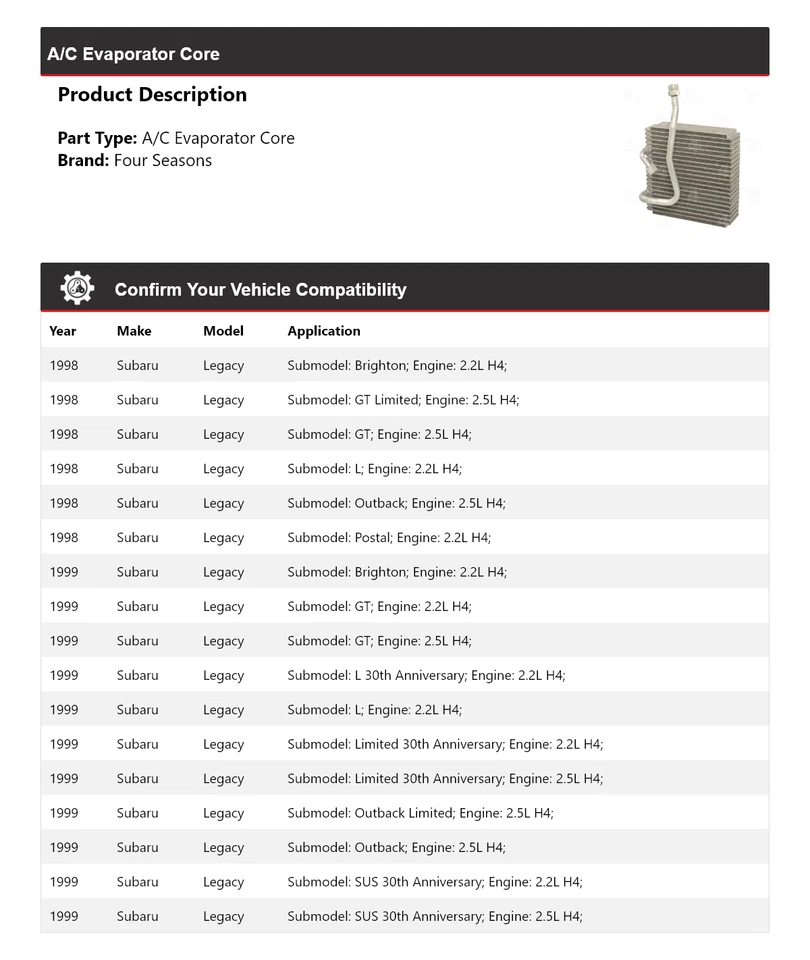 Núcleo evaporador de aire acondicionado Subaru Legacy 1998-1999 4 estaciones Foto 2 de 4