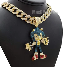 Gold Plated Large Hedgehog Pendant & Cubic Zirconia Iced Cuban Chain Necklace