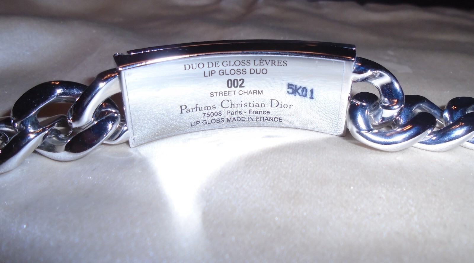 DIOR GOURMETTE SILVER TONE LOGO ID BRACELET w/ EXTENDER LIP GLOSS DUO