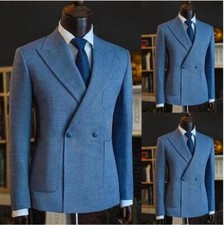 Blue Men Suit Double Breasted Blazer Regular Slim Fit Tuxedos Peak Lapel Wedding