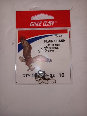 eagle claw fish hook size 10 fish hooks (10) Eagle Claw 084A-10 Plain Shank Hooks Size 10