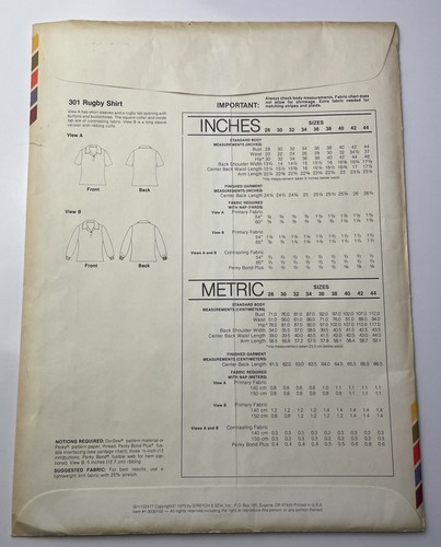 Vintage Uncut Stretch & Sew #301 Rugby Shirt Pattern Bust 28-44 1979 Knit Fabric - Picture 9 of 10