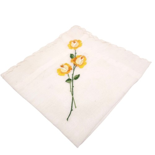 VINTAGE WHITE LINEN HANKIE PINK EMBROIDERED FLOWER IN CORNER & ALL