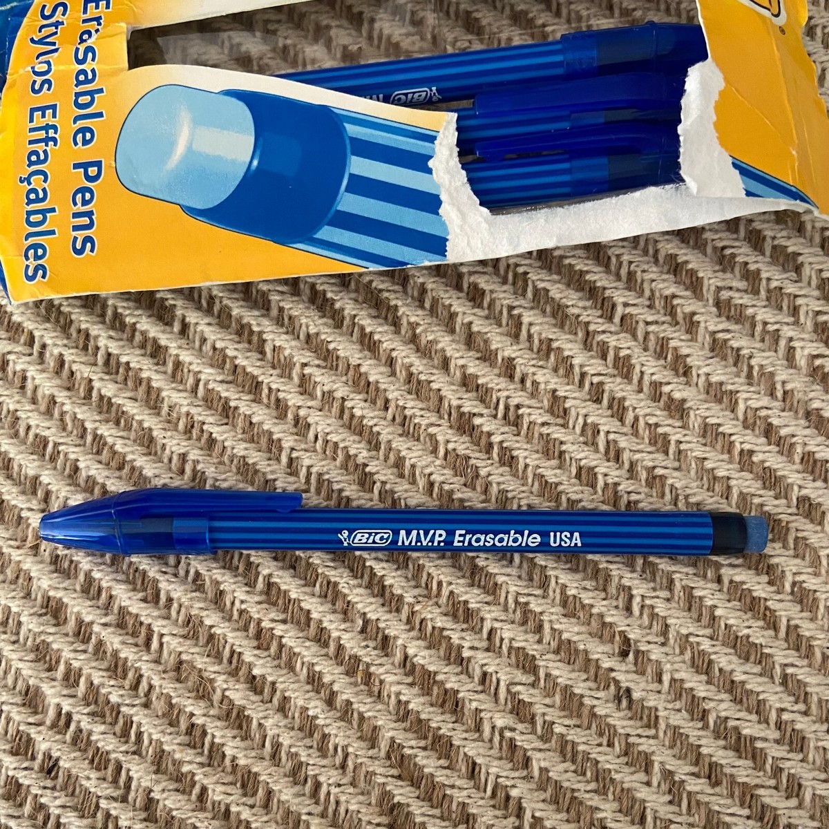 Pkg of 4 Vintage Bic M.V.P. Erasable BLUE Ink Pens USA 1998 Open