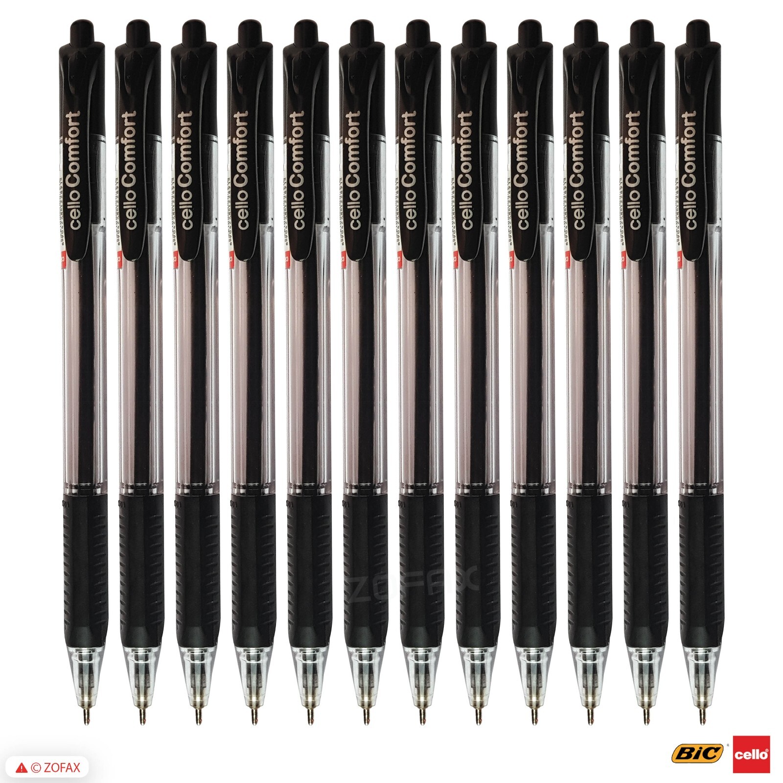 12 x 1.0mm BIC CELLO Comfort Medium Point Biros BLACK Retractable
