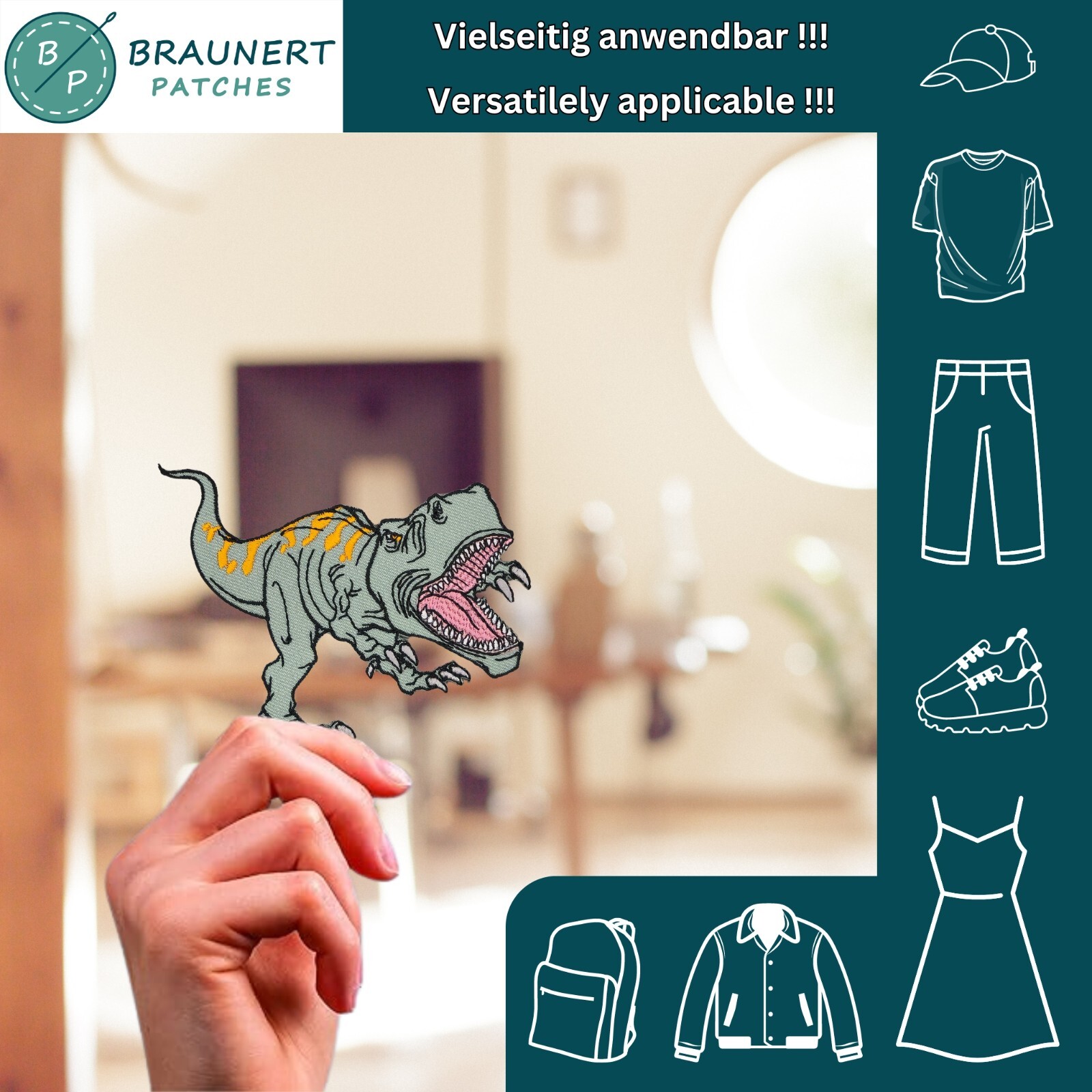 T-Rex Dinosaurier Aufnäher, Ca. 8x8 Cm – Bügelbild Oder Aufnäher Für Kleidung & Taschen