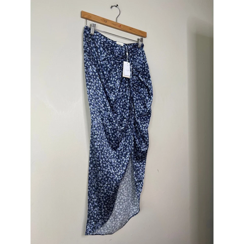 NWT Cami NYC Amanda Floral Silk Ruched Blue Pansy Print Midi Skirt with Slit  - Image 3 of 4