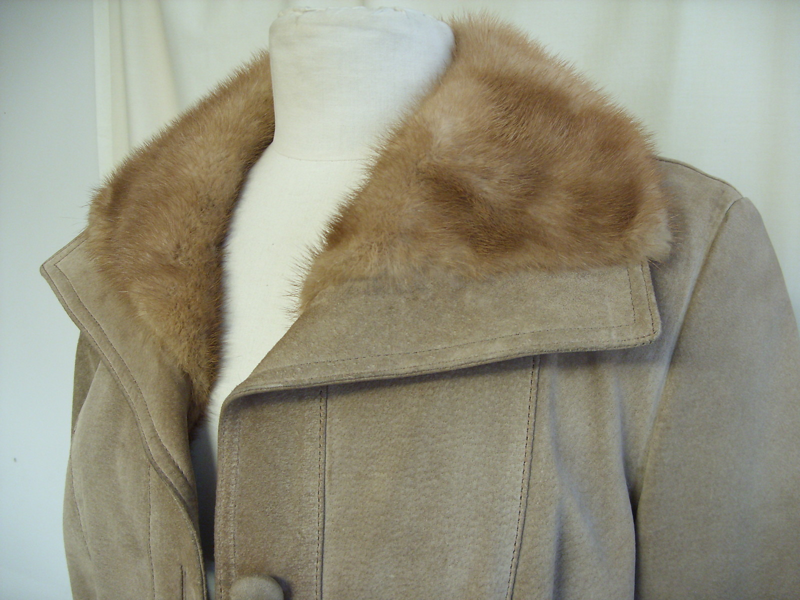 ALTRA Cappotto donna in pelle scamosciata e pelliccia beige marrone busto 38" lunghezza 28" senza cintura 0644