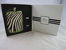 Toss At Home Stainless Steel Flask Zebra Faux Leather 7 Oz Funnel Plate Orig Box