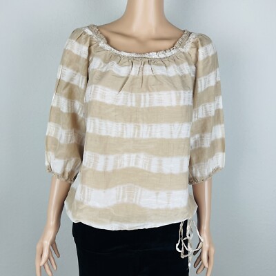 Ann Taylor Loft Women s 3/4 Sleeve Brown & White Blouse Silk Blend Small U40