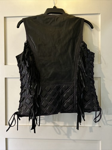 First Manufacturing Leather Fringe Vest Size Small Black With Purple Trim - Picture 6 of 10
