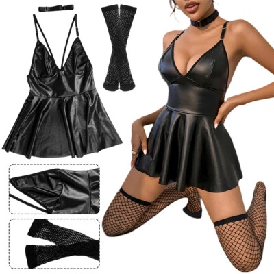 Damen A-Linie Sexy Minikleid Schwarz Kunstleder Verstellbare Cross Strap Choker - Bild 1 von 4