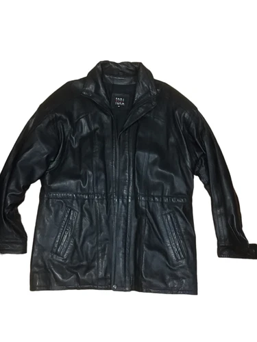 naga tora mens Black Business dress leather coat Mid Length 44” Vintage Medium image 2