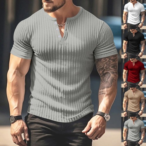 Modisches Geripptes Kurzarm-T-Shirt Für Herren Mit Knöpfen Und V-Ausschnitt / <