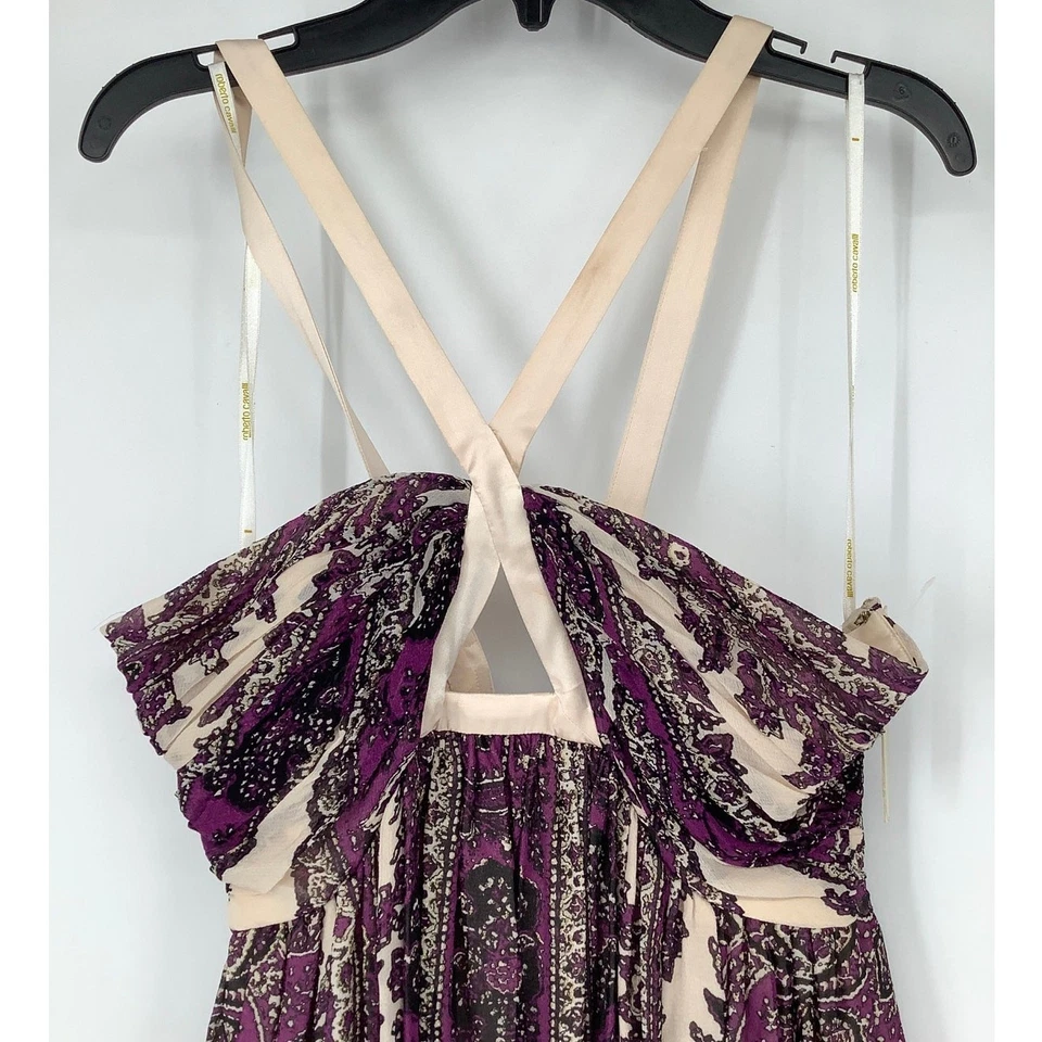 Maxi Vestido Para Mujer Roberto Cavalli 42/8 Púrpura Paisley Seda Cuello Halter K21-5 Foto 2 de 4