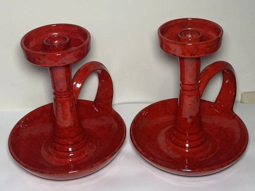 Aldo Londi Bitossi, (2 Pcs) Mid Century Chamber Candlestick Rimini Red 8” Signed