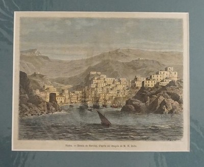 GREECE-Hydra Harbor Antique Engraving by Barclay After H. Belle Hand Colored