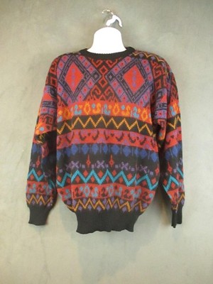 Vintage Bugle Boy Sweater Mens Large Black Multicolor Geometric Knit Aztec 90s