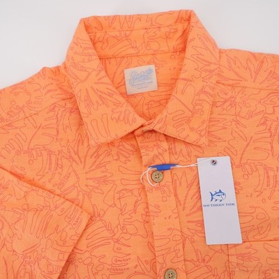 NEW Southern Tide Tropical Palm Knit Sport Shirt Cantaloupe Short Sleeve Mens L