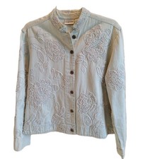 Vintage CHICO'S Light Wash Denim Floral Embroidered Beaded Jacket Women's Size 0