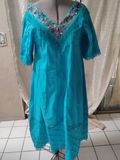 Vtg Turquoise embroidered Oaxacan quilt Dress Hippie CROCHET Sz 12