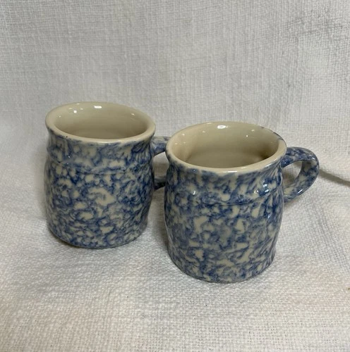 2 Workshop Gerald Henn Pottery Roseville Ohio Ceramic Blue Spongeware Cups Mugs