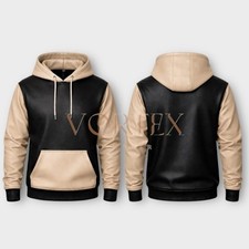 Men's Black Real Lambskin Leather Hoodie With Cream Color Sleeves & Pocket Style