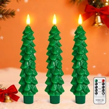 Flameless Christmas Tree Taper Candles Remote Timer Green LED 7 Inch 3 Pack