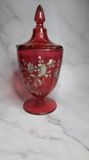 Vintage Westmoreland Ruby Red Hand-Painted Glass Candy Jar Paneled 9.5"