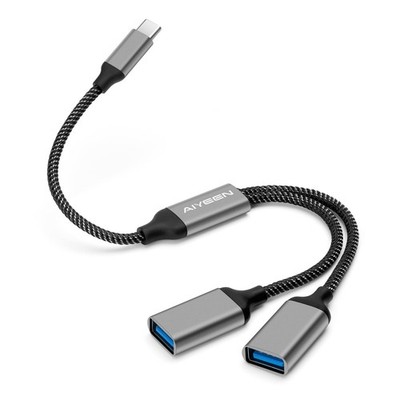 Grey USB C Male To 2 USB Female Splitter Cable Adapter Dual USBA Port Hub
