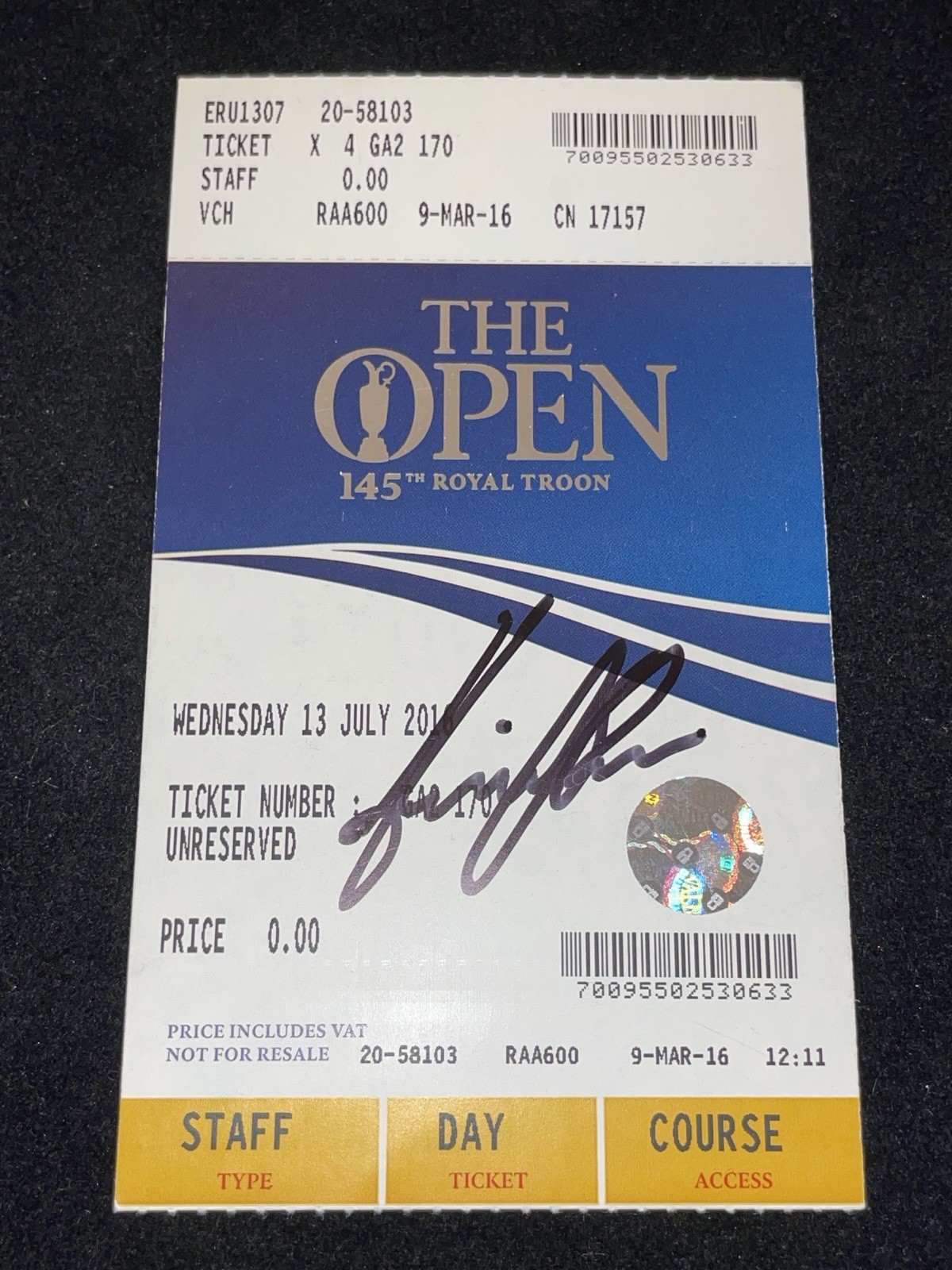 Henrik Stenson Autographed Signed 2016 British Open Wednesday Ticket JSA Royal Troon Golf 