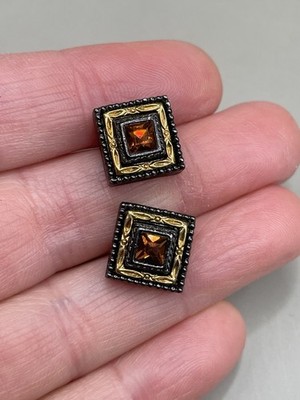 Vintage 1928 Brand Two Tone Orange Glass Stud Post Square 0.5  Earrings