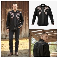 Panhandle Slim Retro Western Wear Shirt Men's Black Embroidered Pearl Snap Large