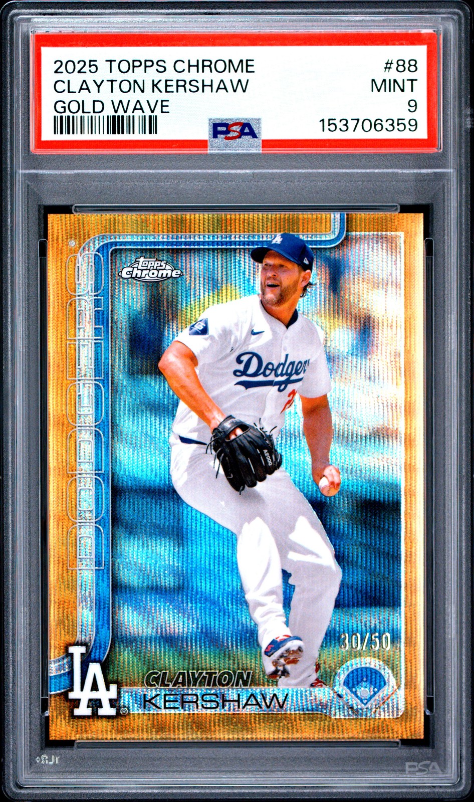 2025 TOPPS CHROME GOLD WAVE #88 CLAYTON KERSHAW 30/50 PSA 9