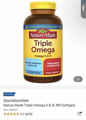 Nature Made Triple Omega 3 6 9 Softgels 180 Ct Flaxseed Olive Safflower EXP:8/27