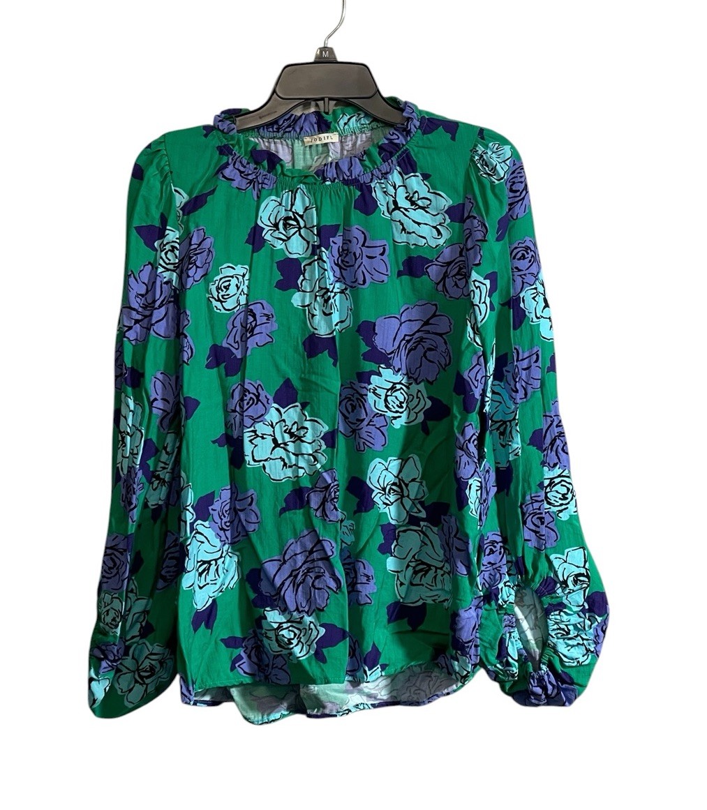 JODIFL Med Floral Ruffle High Neck Long Sleeve Blouse Vibrant Emerald Green Boho