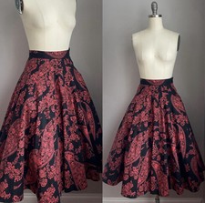 Vintage 50s Jet Black and Coral Red Paisley  Floral Cotton Full Circle Skirt XS