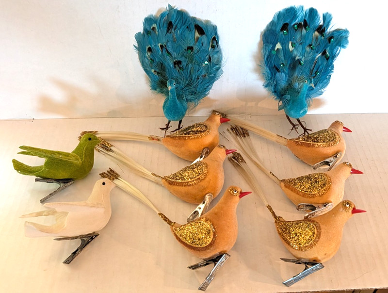 Vtg MCM Lot Of 1960s Christmas Bird Peacock Flocked Clip On Ornaments Japan N3