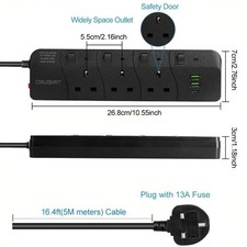 Surge Protected Extension Lead With 6 USB USB C 6Gang Way Power Cable UK Plug