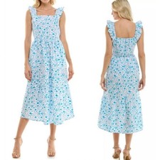 Draper James Blue and White Floral Smocked Midi Dress Ruffle Straps Size Medium