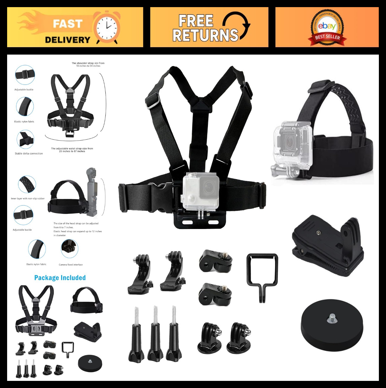Universal Action Camera Accessories Kit - Chest Strap, Head Mount, Clips & More