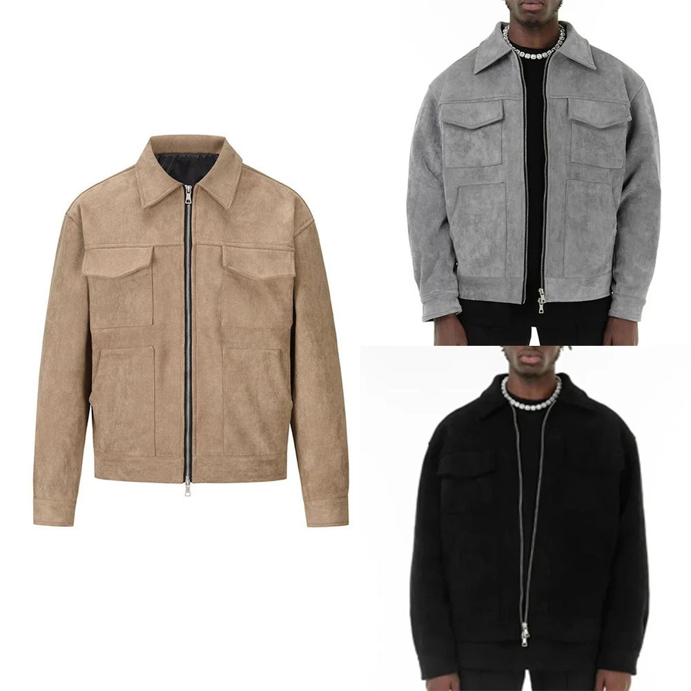 Mens Spring Autumn Coat in Suede Functional Pocketed Thickened Lapel Design