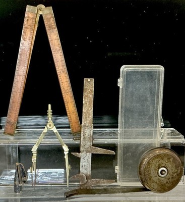 Lot of (4) Vintage Measuring Tools: Caliper, Compass, Measuring Tape, Ruler