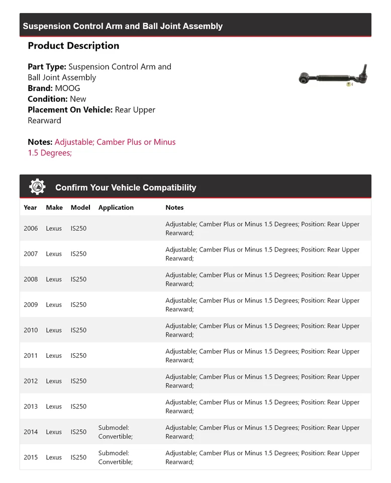 For 2006-2015 Lexus IS250 Control Arm Ball Joint Assy Rear Upper Rearward - Image 2 of 4