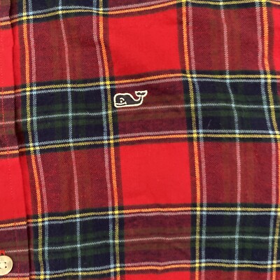 Vineyard Vines Boys Button Up Shirt L Blue Red Green Plaid Whale Logo Lg Sleeve