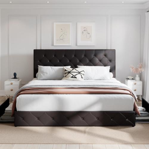 Upholstered King Size Platform Bed Frame with 4 Storage Drawers, Adjustable Head - Picture 3 of 8