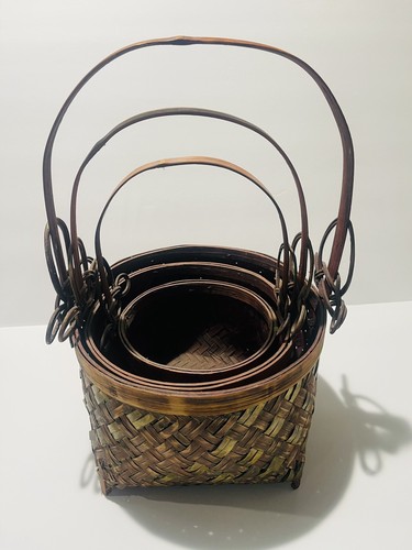 Japanese Bamboo Wood Nesting baskets 3 Woven Brass Bamboo Vintage Cottage Cabin - Picture 9 of 14