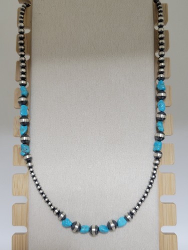 Graduated Navajo Bead Turquoise Nuggets 925 Sterling Silver 18" 3-6mm 10.39gr