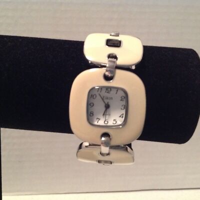 Eikon Cream Enamel Silver Tone Bracelet Clasp Square Face Watch Needs Battery